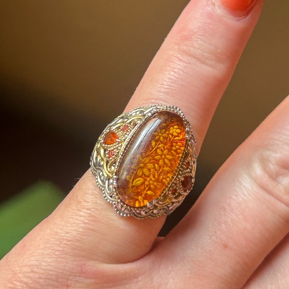 BALTIC AMBER Carved Oval Ring 925 Sterling Silver Statement Ring - Picture 7 of 7